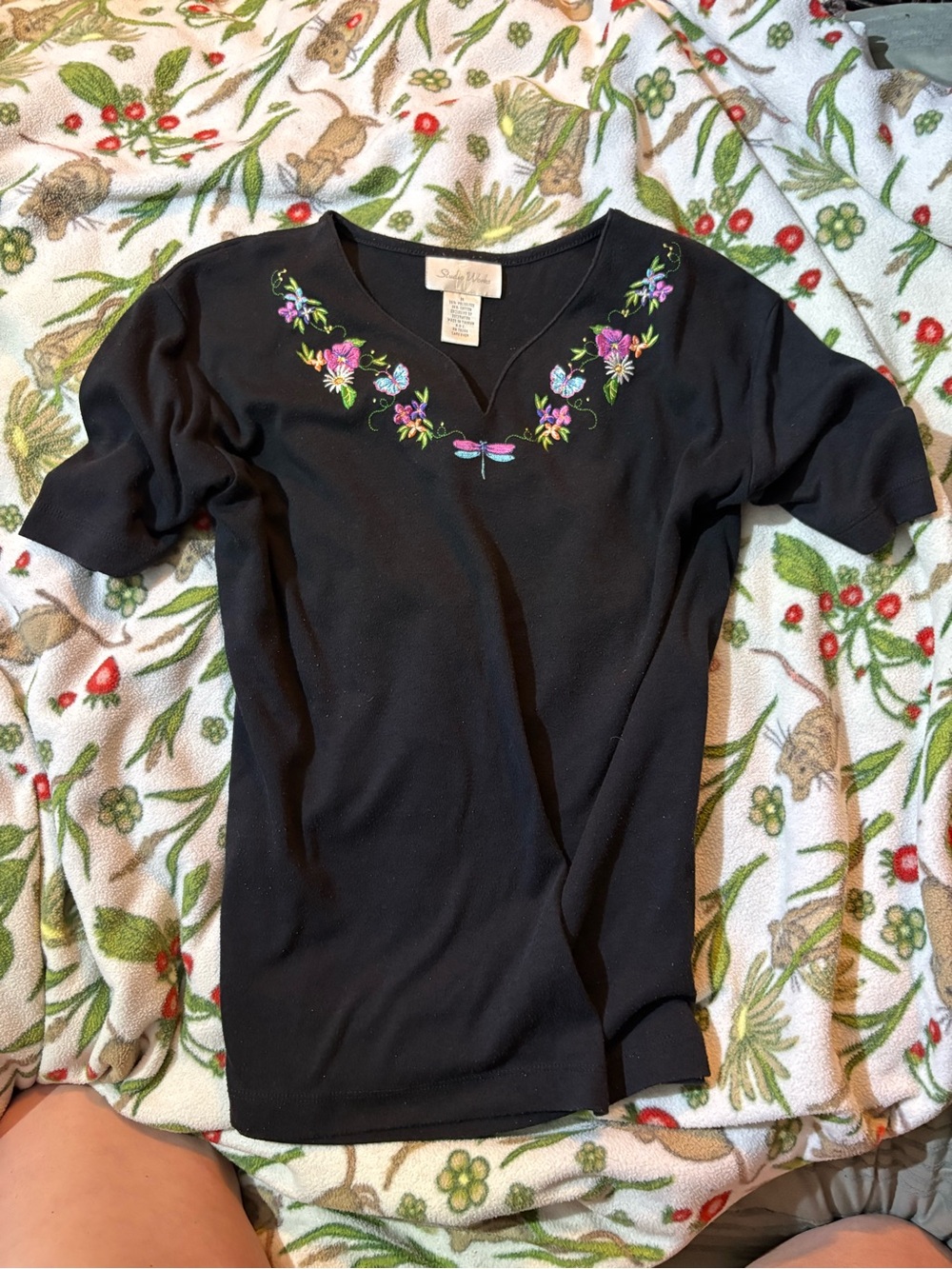 Studio Works Black Short Sleeve Top with Purple & Green Floral Embroidery